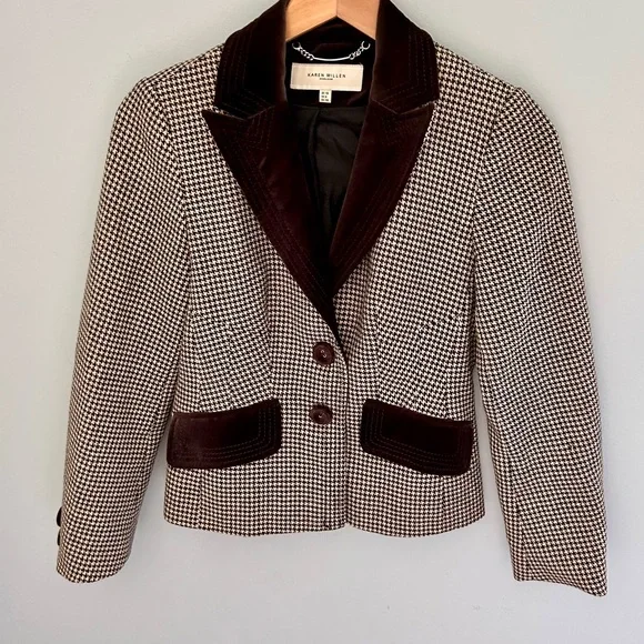 🌷 Karen Millen Vintage Brown and Off White Houndstooth Blazer Equestrian Size 6 - Picture 2 of 11
